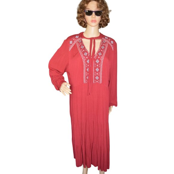 Knox Rose Deep Red Embroidered Boho Peasant Dress Women's Size XL Fall Casual - Picture 2 of 8